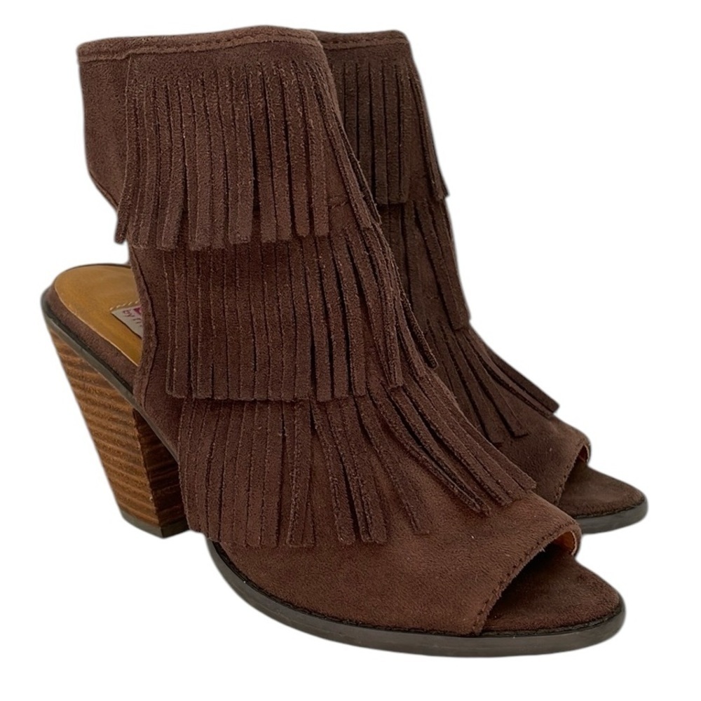Dolce Ankle Booties Brown Fringe Women's Shoes Open Toe Heels